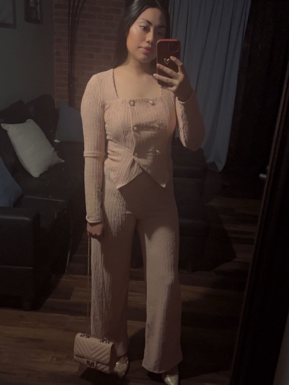 SHEIN Blush Pink Ribbed Wide-Leg Pants & Long Sleeve Top Set